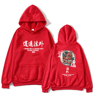 Japanese Funny Cat Wave Printed Fleece Hoodies Winter Japan Style Hip Hop Casual Sweatshirts Ghost Chinese Charater Streetwear