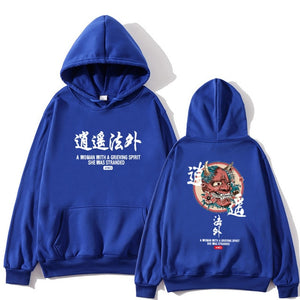 Japanese Funny Cat Wave Printed Fleece Hoodies Winter Japan Style Hip Hop Casual Sweatshirts Ghost Chinese Charater Streetwear