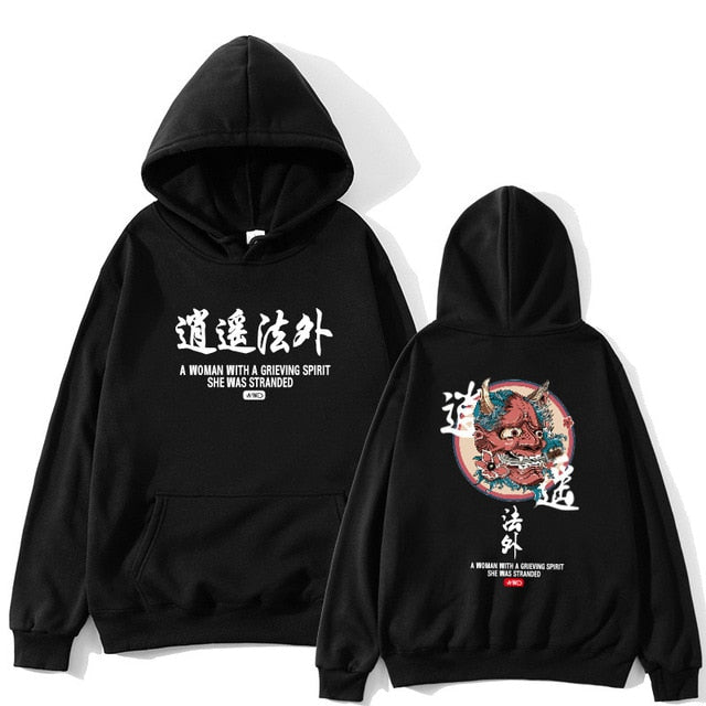 Japanese Funny Cat Wave Printed Fleece Hoodies Winter Japan Style Hip Hop Casual Sweatshirts Ghost Chinese Charater Streetwear