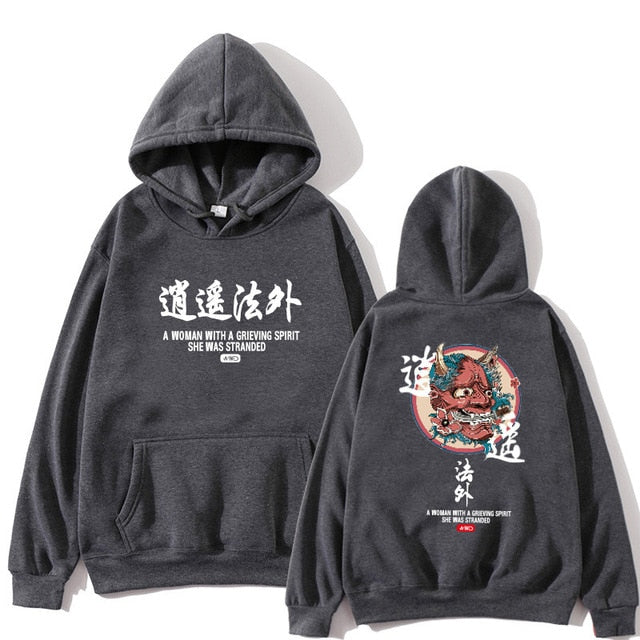 Japanese Funny Cat Wave Printed Fleece Hoodies Winter Japan Style Hip Hop Casual Sweatshirts Ghost Chinese Charater Streetwear