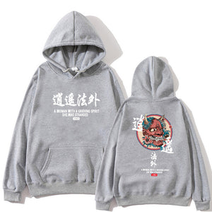 Japanese Funny Cat Wave Printed Fleece Hoodies Winter Japan Style Hip Hop Casual Sweatshirts Ghost Chinese Charater Streetwear