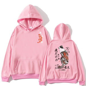 Japanese Funny Cat Wave Printed Fleece Hoodies Winter Japan Style Hip Hop Casual Sweatshirts Ghost Chinese Charater Streetwear