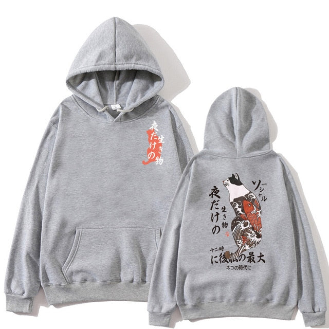 Japanese Funny Cat Wave Printed Fleece Hoodies Winter Japan Style Hip Hop Casual Sweatshirts Ghost Chinese Charater Streetwear