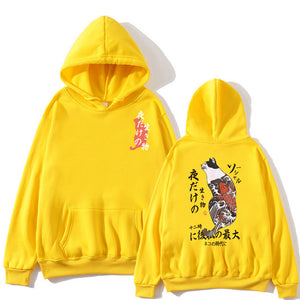 Japanese Funny Cat Wave Printed Fleece Hoodies Winter Japan Style Hip Hop Casual Sweatshirts Ghost Chinese Charater Streetwear