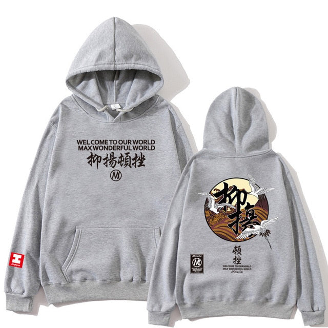 Japanese Funny Cat Wave Printed Fleece Hoodies Winter Japan Style Hip Hop Casual Sweatshirts Ghost Chinese Charater Streetwear