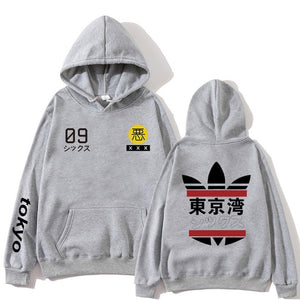 Japanese Funny Cat Wave Printed Fleece Hoodies Winter Japan Style Hip Hop Casual Sweatshirts Ghost Chinese Charater Streetwear