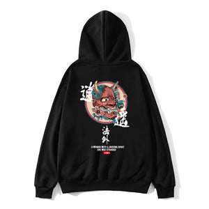 Japanese Funny Cat Wave Printed Fleece Hoodies Winter Japan Style Hip Hop Casual Sweatshirts Ghost Chinese Charater Streetwear