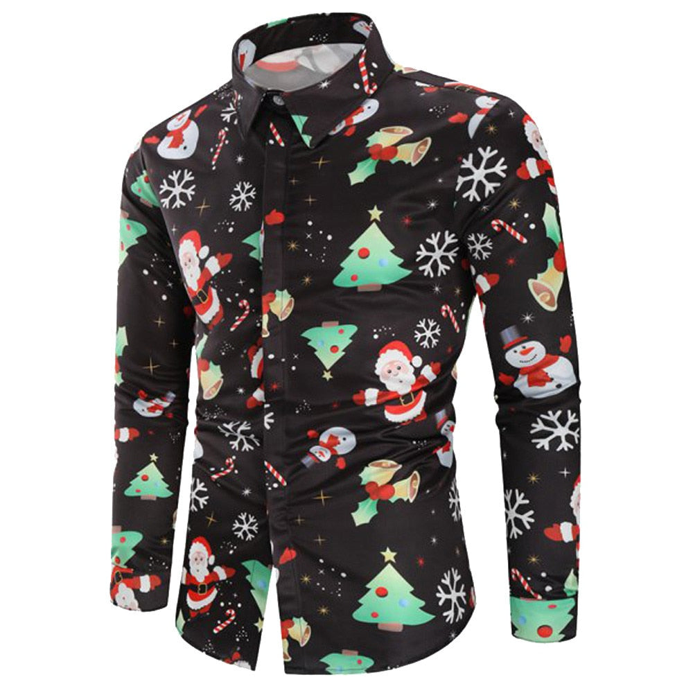 Men's Shirts Christmas Shirt Mens Polyester Tops Casual Snowflakes Santa Candy Printed Christmas Shirt Top Blouse Men Shirts #30