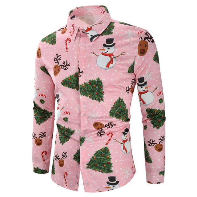 Men's Shirts Christmas Shirt Mens Polyester Tops Casual Snowflakes Santa Candy Printed Christmas Shirt Top Blouse Men Shirts #30