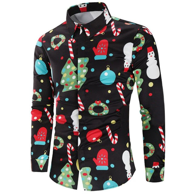 Men's Shirts Christmas Shirt Mens Polyester Tops Casual Snowflakes Santa Candy Printed Christmas Shirt Top Blouse Men Shirts #30