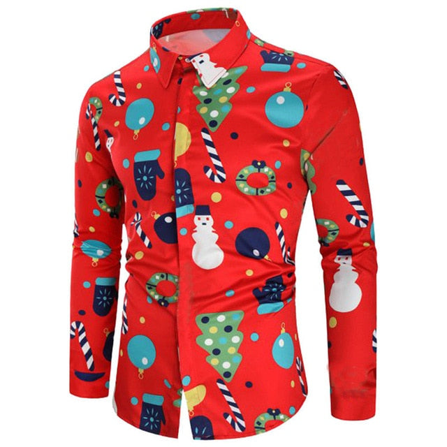 Men's Shirts Christmas Shirt Mens Polyester Tops Casual Snowflakes Santa Candy Printed Christmas Shirt Top Blouse Men Shirts #30