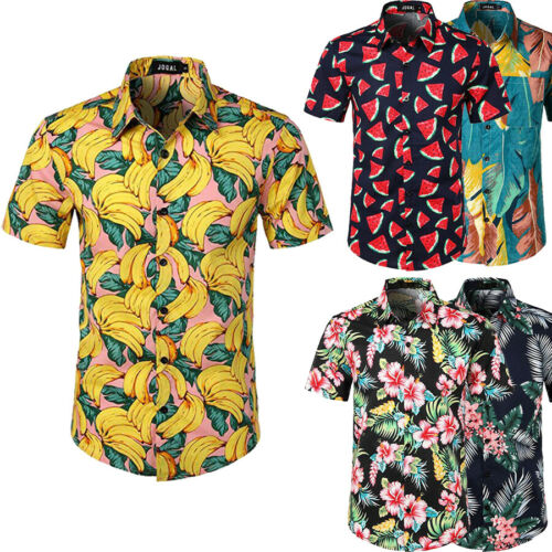 Fashion Men Hawaiian Blouse Shirt Summer Fruit Floral Beach Short Sleeve Casual Luau Shirt Tops Size S-2XL