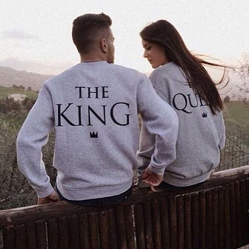 Women Men Couple King Queen Letter Print Long Sleeve Lover Sweatshirts