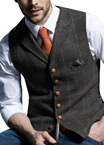 Mens Suit Vest Notched Plaid Wool Herringbone Tweed Waistcoat Casual Formal Business Groomman For Wedding Green/Black/Green/Grey